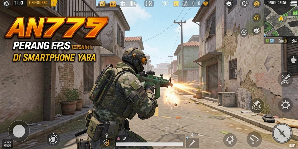 Screenshot AN777 menunjukkan aksi menembak seru di medan perang.