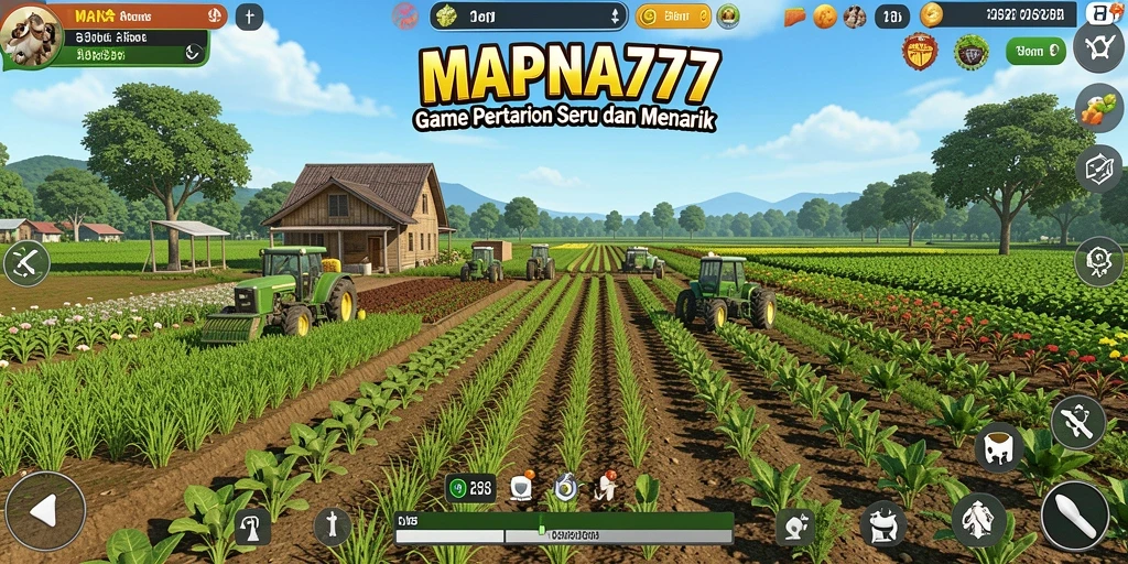 Screenshot utama MAPNA777 menunjukkan gameplay seru dengan bertani dan berternak.