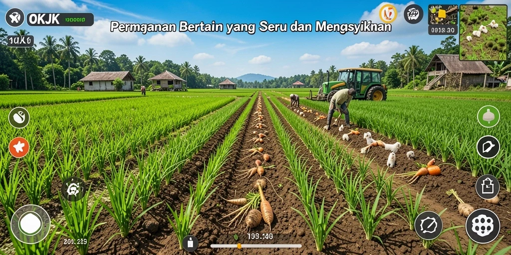 Tampilan gameplay seru saat bertani di ladang dengan berbagai tanaman.