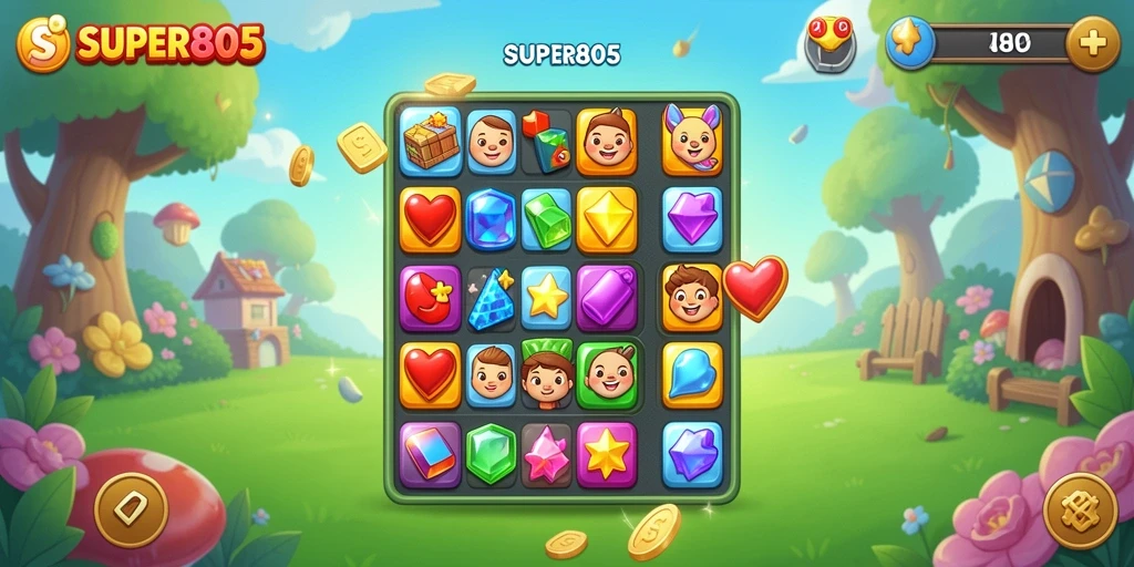 Tangkapan layar SUPER805 menampilkan gameplay match-3 yang seru dan berwarna-warni.